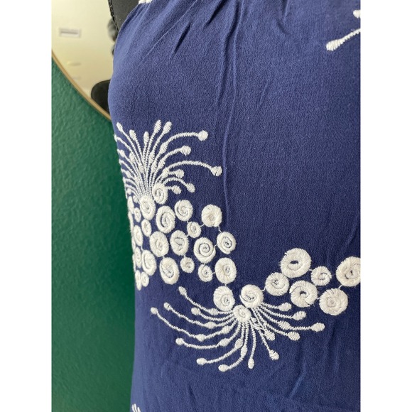 Embroidered Floral Sundress Size S Navy White Boho Coastal Beach Minimalist Chic - Picture 2 of 11